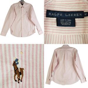 Polo Ralph Lauren Sport Shirt Womens Size L 12 Pink Stripe LS Button Down Flaw